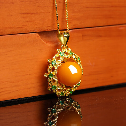 Shi Yue Jewelry Natural Amber Beeswax Pendant Necklace Single Bead S925 Silver Inlay Accessories Women's Gift