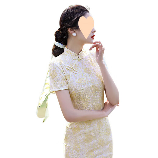 复合蕾丝长款旗袍2025甜美单层日常改良修身宴会演出连衣裙 6182杏色 XL