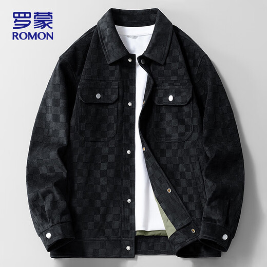 ROMON coat men's autumn and winter work jacket men's lapel plaid men's warm tops black XL