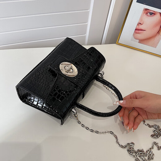 女百搭鳄鱼纹漆皮新款斜挎包2025锁扣时尚链条包包单肩手提小方包 黑色