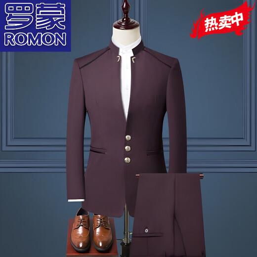 ROMON high-end suit suit men's Chinese suit national trend Chinese style large size stand collar three-button tunic suit three-piece suit black (jacket + vest + pants) 2XL three-piece suit