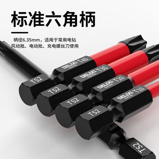 Delixi Electric extended plum blossom hexagonal strong magnetic bit head S2 super hard wind batch anti-slip magnetic plating star electric drill electric bit tip T20 2 pieces plum blossom bit head 50mm