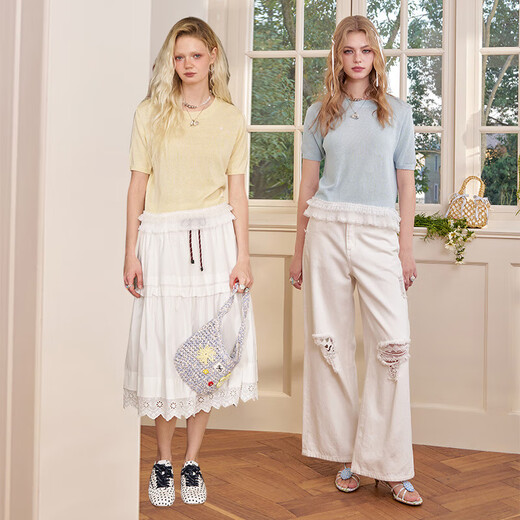 
Fairy pocket lace spliced ​​thin short-sleeved sweater for women 2025 summer new imitation linen top playful yellow L