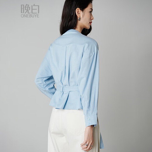 Late White Exclusive 2025 Autumn Design Top with Waist Belt Slim Elegant Shirt for Women Light Blue L