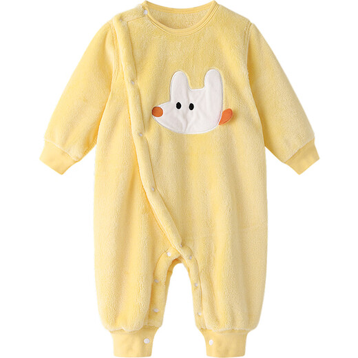Qilodou baby coral velvet pajamas, autumn and winter plus velvet one-piece clothes for baby girls, winter thermal underwear, flannel winter clothes, custard 73cm