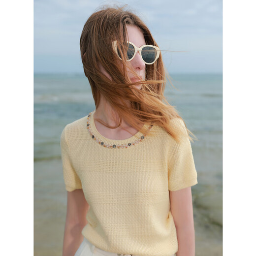 Three Color 2025 summer new webbing round neck slim short knit sweater short sleeve pullover for women, tender yellow pre-sale [payment within 5 days] S 155/80A