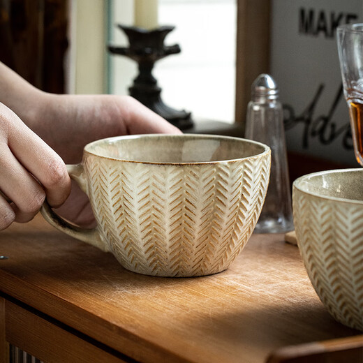 Youcci high-looking embossed ceramic cup oatmeal cup personalized kiln-turned mug retro cup coffee cup household water cup embossed breakfast cup - wheat ear yellow covered spoon