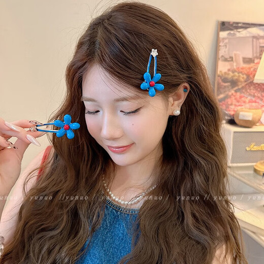 Juvia blue flower hairpin women's new side bangs duckbill clip headdress sweet children and girls hair accessories hairpin JYFJ164 blue flower sparkling diamond hairpin 2 pieces