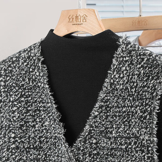 Sibaishe Xiaoxiangfengma V collar women's 2025 autumn new style raw edge stitching single-breasted stacked vest