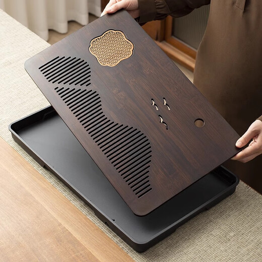 Zhenchu Ju Tea Tray Tray with Drainage Household Solid Bamboo Small Tea Table All-in-one Office Kung Fu Dry Soaking and Draining Tea Set Walnut Color Yuanshan 37*23.5