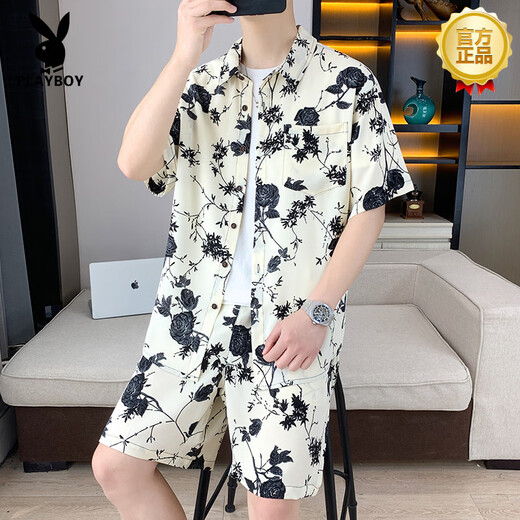 花花公子（PLAYBOY）高端夏季冰丝短袖衬衫套装男休闲痞帅碎花半袖衬衣搭配沙滩短裤 679米白套装 M 90-110斤