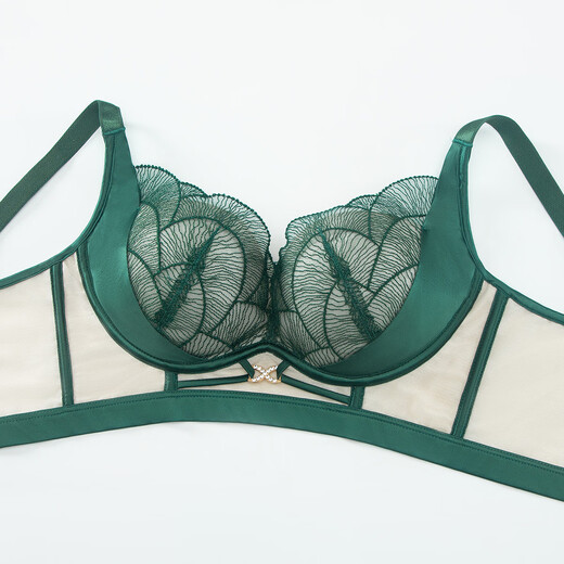 Fenton contient des sous-vêtements de soutien-gorge push-up en soie de mûrier sexy en dentelle anti-secouement pour femmes sans jantes en fil vert paon 75A / 34A