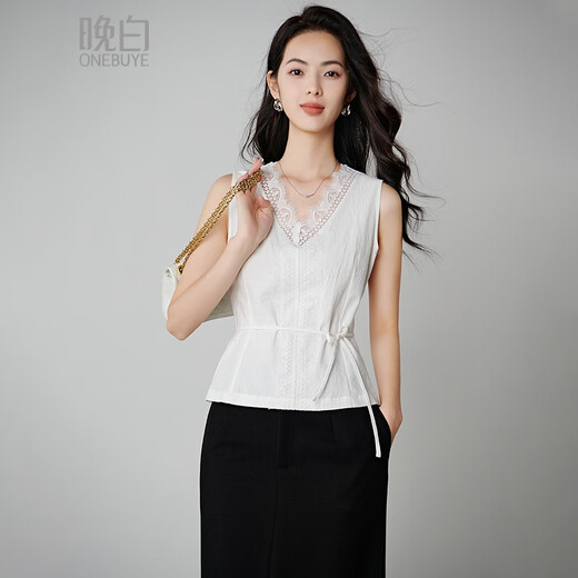 Late White Exklusives 2025 Herbst elegantes Spitzenshirt, elegantes Baumwoll-schmales, ärmelloses Damen-Top, Weiß, S