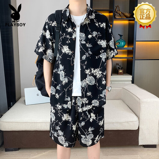 花花公子（PLAYBOY）高端夏季冰丝短袖衬衫套装男休闲痞帅碎花半袖衬衣搭配沙滩短裤 679米白套装 M 90-110斤