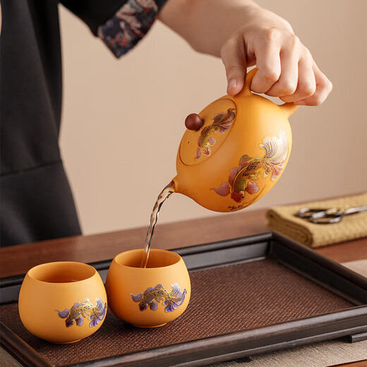 Painted silver gold Duan Mu purple sand tea set high-end Kung Fu Xi Shi teapot tea cup as a souvenir for customers and elders Duan Ni - Koi Xi Shi teapot 2 cups + tassel gift box