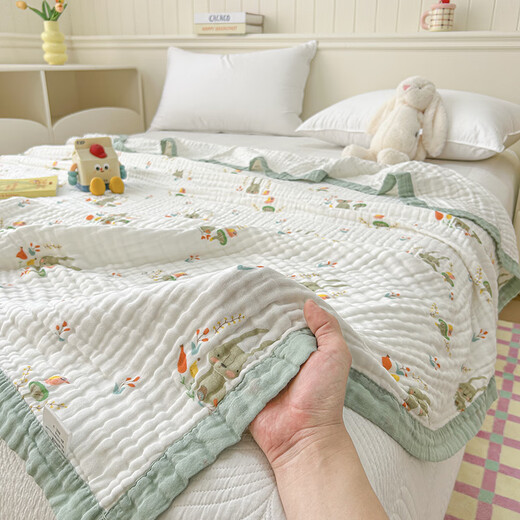 Langsha summer children's six-layer gauze cotton towel quilt 100 pure cotton blanket bath towel baby nap blanket Green Hare Trace A maternal and infant grade standard 110cm*110cm