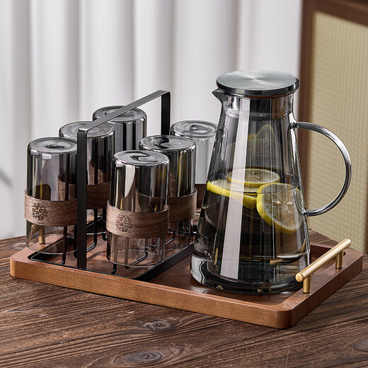 Destry high borosilicate glass water cup home living room set drinking cup high-value high-temperature resistant anti-scalding tea cup 6 ash wood rings + black cup holder
