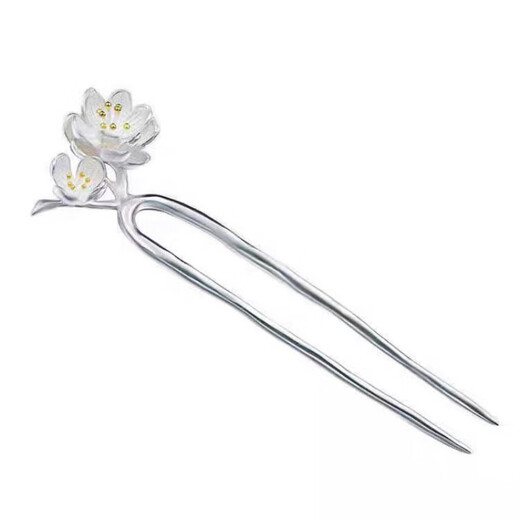 KZD Old Phoenix 999 sterling silver silver hairpin double flower U-shaped hairpin ancient style replica hairpin headdress for women white light peach blossom