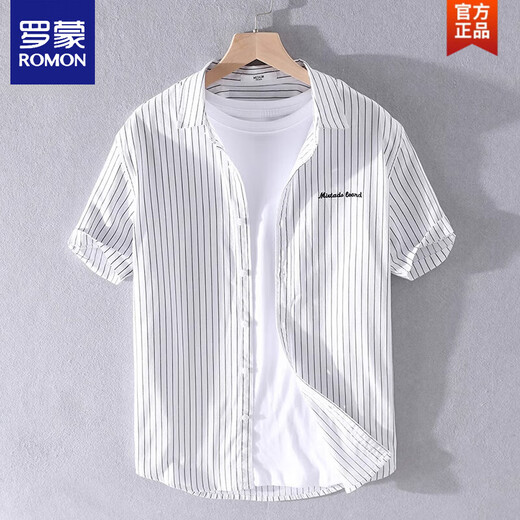 罗蒙（ROMON）男士条纹衬衫短袖宽松夏季薄款日系休闲百搭纯棉衬衣夏装衣服 9740白色 2XL 145斤左右