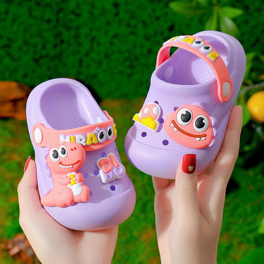 Kinderlächen Neue Sommer innen Anti-Rutsch weicher Sohle Baby Boy Hole Schuhe Schuhbeutel Baby Kleinkind Mädchen Sandalen Lila-Dinosaurier 14 23-24 [innere Länge 0]