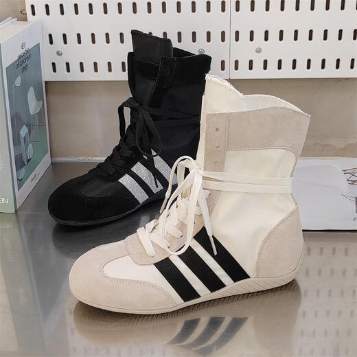 高帮真皮德训鞋女2025年夏季新款网面透气马丁靴休闲高帮拳击鞋 黑色dl9901 39