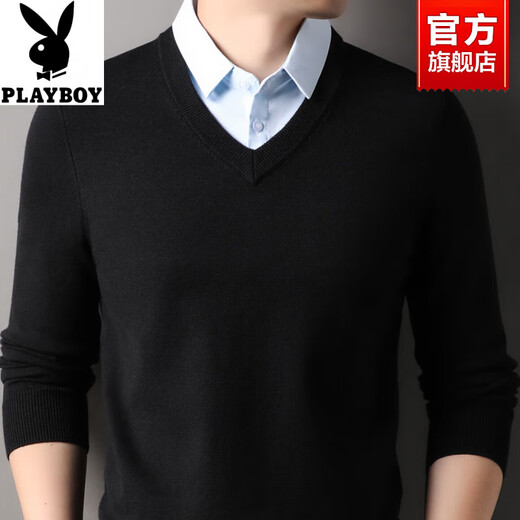 Playboy Men's Fashion Shirt Lapel Fake Two-Piece Sweater 2026 Spring and Autumn New Thick Business Versatile Casual Sweater Black Thickened CJ017 L 120-140Jin Jin equals 0.5 kg