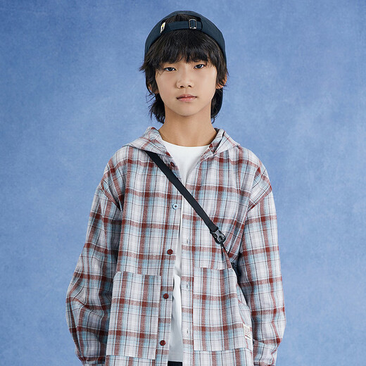 Mipu shopping mall same style autumn new children's shirt brushed plaid hooded long-sleeved versatile casual top coffee color 150
