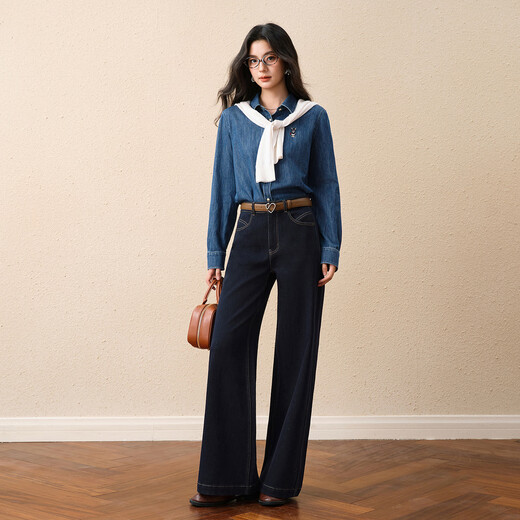 Shifanli Pure Cotton Oxford Spun Cat Embroidered Denim Shirt 2025 Autumn New Commuting Slim Top Jacket Women Denim Blue M