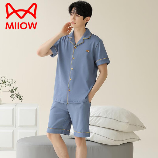 猫人（MiiOW）睡衣男士夏季纯棉短袖短裤开衫薄款大码纯色休闲家居服套装 蓝绿色12801【100纯棉】 L 【建议100-120斤穿】