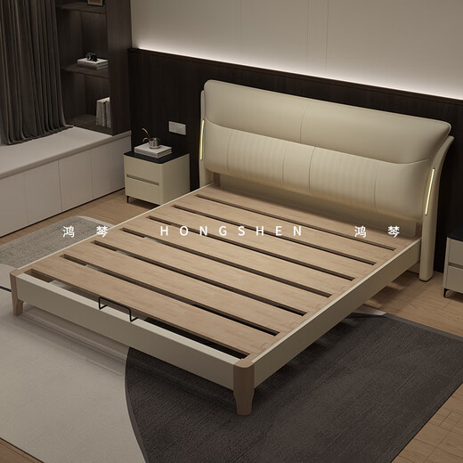 Hongteng 24-hour delivery Foshan Italian light luxury style leather bed mortise and tenon solid wood bed 1.8m