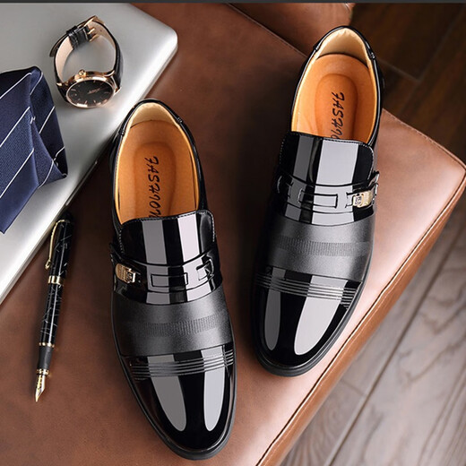 Hot Air Mic (Refengmai) Herren Lederschuhe Flachgeschäft formeller Anzug Fuß-Schlupf-Glanz-Arbeit Herrenanzug lässig große Schuhe Flat Heel 9905 Glanz schwarz 44