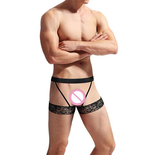 Renduo Men's Men's Low Waist Underwear Lace Garter Thong Sexy Hollow Transparent Open Crotch Free Temptation Black G402 One Size