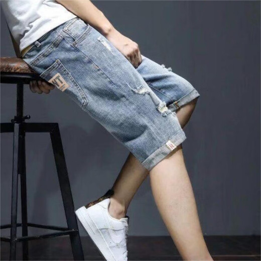 Lee Kids Denim Shorts Men's Summer Fino suelto de siete puntos Estilo coreano Barrios modernos de moda rasgados de moda T693 T693 azul 28 sugerido 90-100Jin [Jin equivale a 0.5 kg]
