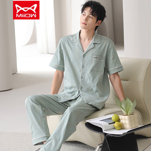 MiiOW costume deux pièces pyjama pour hommes, pantalon à manches courtes portable d'été, revers cardigan, nouveaux vêtements de maison, pur coton NSN--9856 Male L