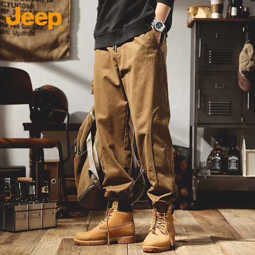 JEEP overalls men's casual pants autumn and winter loose trendy leggings pants men caramel color XL