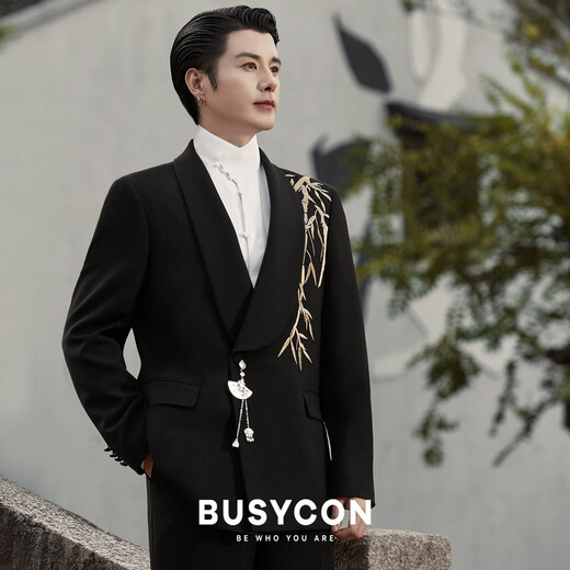BUSYCON Golden Bamboo Embroidery New Chinese Green Fruit Collar Suit Groom Wedding Banquet Dress Men's Toast Suit Black (Two-piece Set Top + Pants) 46