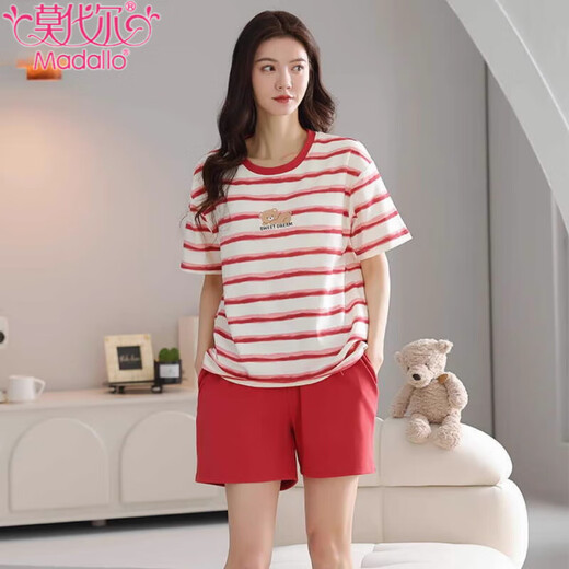 Modal pajamas women's summer 2024 new pure cotton shortsleeved shorts two-piece suit summer striped home clothes can be worn outside Z9859 M [recommended to wear 80-100Jin [Jin equals 0.5 kg]]