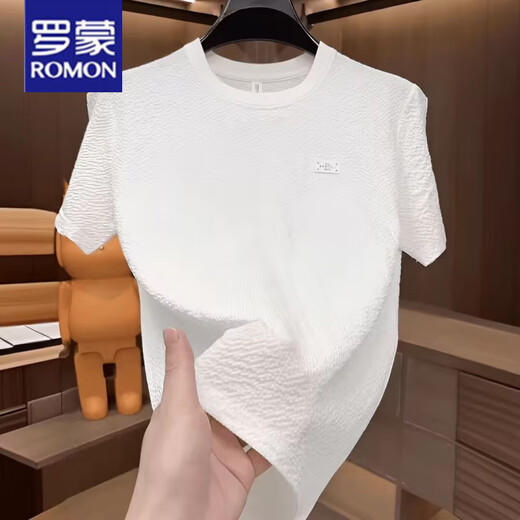 
ROMON (ROMON) 2025 new summer ice silk texture embroidered round neck men short-sleeved fashionable half-sleeved versatile light luxury T-shirt men [summer short-sleeved] 6628 black XL 120-135Jin [Jin equals 0.5 kg]