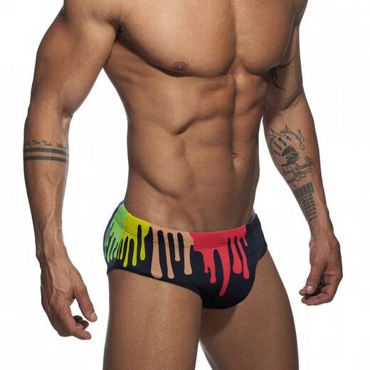 Nanbomaru Omiya Sommer-Badehose für Herren, Badeanzug, Regenbogen-Druck, Dreieck-Badehose, modisch, sexy Strand-Slip für Herren, Gelb_Körbchengröße M