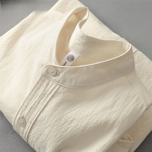 Japanese linen apricot stand collar short-sleeved shirt men's Henry collar cotton and linen short-sleeved shirt men's textured top dark blue textured skin-proof XL 120-135Jin Jin equals 0.5 kg