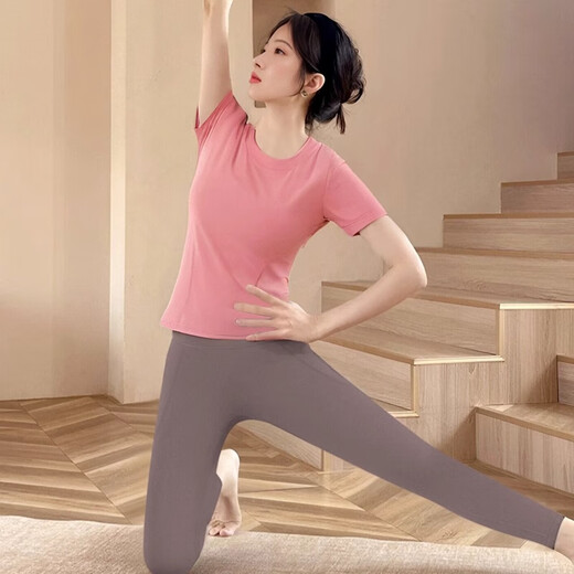 Shuangxiu yoga wear T-shirt for women 2025 new large size belly-covering short-sleeved Pilates training sports suit fitness top with rose pink top + sea moon pants suit 2XL 135-150