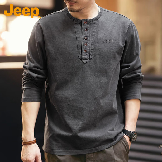 Jeep (JEEP) long-sleeved T-shirt men's autumn and winter Henry collar loose heavyweight tough guy work clothes men's gray XL
