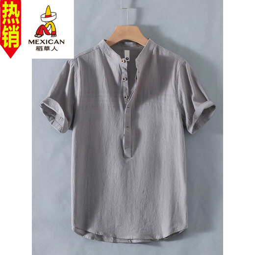 Scarecrow (MEXICAN) Henry collar linen short-sleeved shirt men's collarless men's cotton and linen shirt t-shirt top polo shirt summer Chinese style RC210 black M