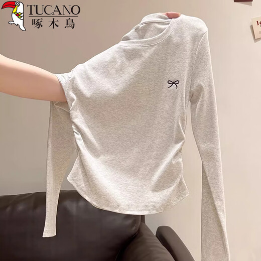 Woodpecker Right Shoulder Long Sleeve T-Shirt Women's Round Neck Bow Embroidery Autumn New Pleated Waist Bottoming Top White L