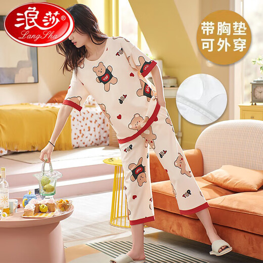 浪莎带胸垫睡衣女款夏天纯棉短袖七分裤可外穿套装全棉夏季女士家居服 七分带胸垫:679芭比熊 女M 均码