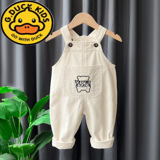 G.DUCKKIDS baby overalls jeans spring and autumn baby boys 3 girls 1-2 years old fashionable autumn clothing pure cotton outer trousers single trousers embroidered bear beige 90 cm