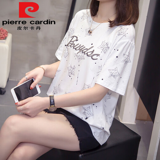 Pier Cardin Plus Size Fat MM Летняя новая футболка с короткими рукавами Pure Cothloge для женской корейской версии Fat Girl Wersatile Slimming Top Top 6627 Blue Popular Luxury Brand M 80-95Jin [Jin равняется 0,5 кг]