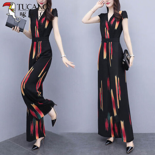 Дятел (TUCANO), модный повседневный комбинезон с v-образным вырезом, черный женский, лето 2020, новый утягивающий комбинезон с принтом, широкие брюки с высокой талией, черный комбинезон, тонкий и легкий, рекомендуется M 100Jin Jin, вес в пределах 0,5 кг