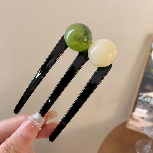 Case makeup Chinese Valentine's Day new Chinese style u-shaped beaded three-tooth hairpin for women, Chinese-style hairpin, comb ball hairpin, hairpin, coffee green-three-tooth hairpin