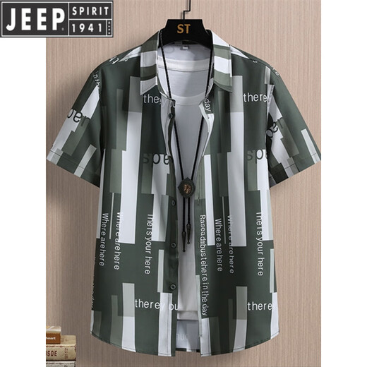 JEEP夏季薄款冰丝短袖衬衫男韩版花衬衣男百搭外穿休闲男装条纹上衣男 JT7027蓝色 M 90-109斤